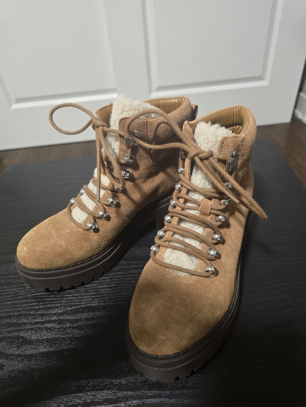MARC FISHER Tan Suede Shearling-Lined Hiker Boots